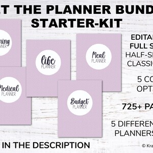 May include: A digital planner bundle starter kit with five different planners: cleaning, medical, life, budget, and meal. The planners are shown on a light wood background with a purple polka dot pattern. The text "GET THE PLANNER BUNDLE STARTER-KIT" is at the top of the image. The text "LINK IN THE DESCRIPTION" is at the bottom of the image. The text "EDITABLE FULL SIZE, HALF-SIZE, & CLASSIC HP" is on the right side of the image. The text "5 COLOR OPTIONS" is below the previous text. The text "725+ PAGES" is below the previous text. The text "5 DIFFERENT PLANNERS" is below the previous text. The text "&copy; KraftyPlanner" is at the bottom right corner of the image.