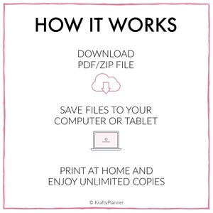 May include: A pink and white graphic showing how to download, save, and print digital files. The text reads "HOW IT WORKS", "DOWNLOAD PDF/ZIP FILE", "SAVE FILES TO YOUR COMPUTER OR TABLET", "PRINT AT HOME AND ENJOY UNLIMITED COPIES", and "KraftyPlanner".