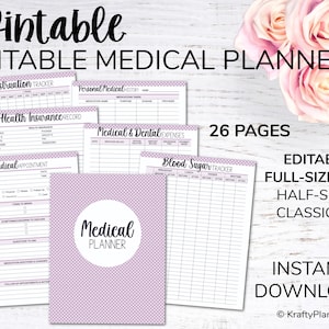 May include: A printable medical planner with a purple polka dot cover. The planner includes pages for tracking menstruation, health insurance, medical appointments, medical and dental expenses, and blood sugar. The planner is available in full-size PDF, half-size, and classic HP formats. It is an instant download and is available from KraftyPlanner.