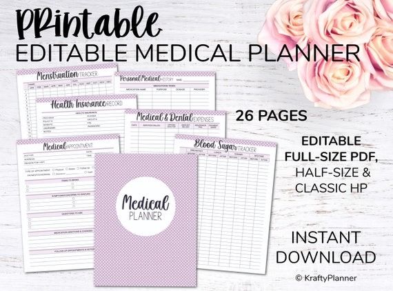Medical Planner Printable Health Organizer Doctor Appt Tracker Health & Wellness Planner Printable Medical Organizer PURPLE Editable PDF