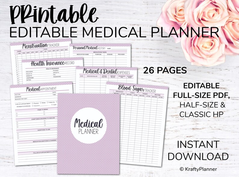 May include: A printable medical planner with a purple polka dot cover. The planner includes pages for tracking menstruation, health insurance, medical appointments, medical and dental expenses, and blood sugar. The planner is available in full-size PDF, half-size, and classic HP formats. It is an instant download and is available from KraftyPlanner.