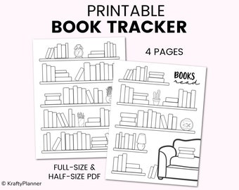 May include: Printable book tracker with four pages, featuring a bookshelf design with multiple shelves and a couch with a throw pillow. The text "BOOKS read" is written on the page.