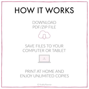 May include: A pink and white graphic with the text "HOW IT WORKS" in black. The graphic explains how to download, save, and print digital files. The graphic includes a cloud with a download arrow, a laptop, and the text "DOWNLOAD PDF/ZIP FILE", "SAVE FILES TO YOUR COMPUTER OR TABLET", and "PRINT AT HOME AND ENJOY UNLIMITED COPIES". The graphic also includes the text "&copy; KraftyPlanner".