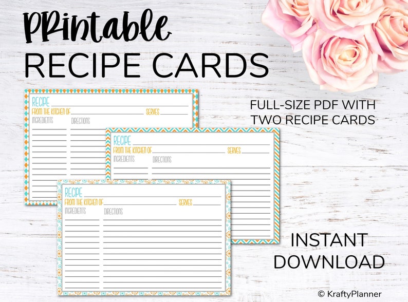 Recipe Cards Instant Download Pink & Blue image 1