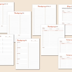 May include: Printable Thanksgiving planning sheets with headings for guest list, menu, and recipes. The sheets are white with brown text and lines.