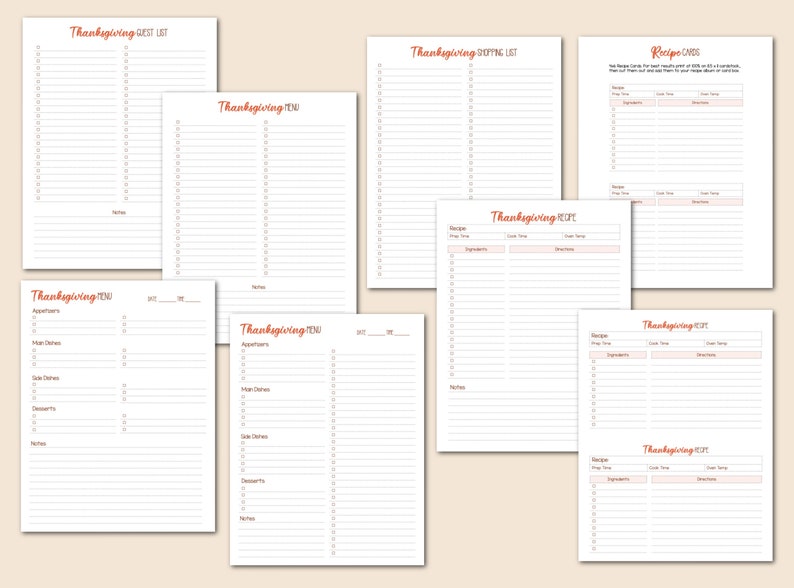 May include: Printable Thanksgiving planning sheets with headings for guest list, menu, and recipes. The sheets are white with brown text and lines.