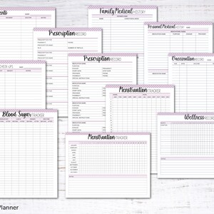 May include: Printable medical record forms with headings for incidents, family medical history, personal medical history, prescription record, wellness check-ups, menstruation tracker, vaccination record, and blood sugar tracker. The forms are designed with a pink and white checkered pattern.