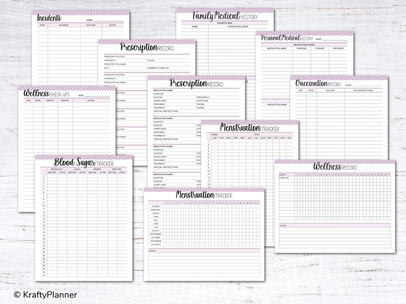 May include: Printable medical record forms with headings for incidents, family medical history, personal medical history, prescription record, wellness check-ups, menstruation tracker, vaccination record, and blood sugar tracker. The forms are designed with a pink and white checkered pattern.