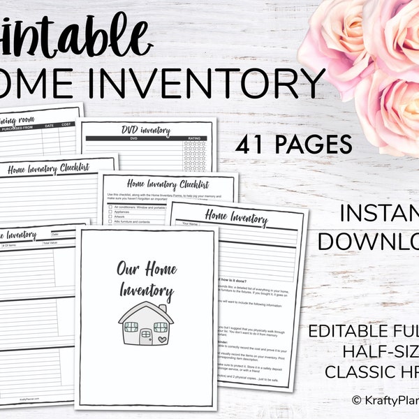 Home Inventory Planner Printable Household Asset Tracker, Property Organization Kit, Estate Planning Asset Documentation - Black Editable