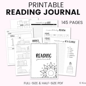 May include: Black and white printable reading journal with 145 pages. The cover features a stylized flower design and the text "READING journal".