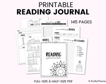 May include: Black and white printable reading journal with 145 pages. The cover features a stylized flower design and the text "READING journal".