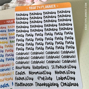 May include: A sheet of planner stickers with black text on a white background. The stickers include words like "Birthday," "Party," and holiday names such as "Halloween" and "Christmas." The brand name "KRAFTY PLANNER" is visible.
