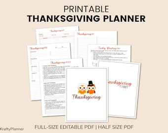 May include: Printable Thanksgiving planner with a checklist, menu, and turkey roasting chart. The planner features a cover with two owls wearing pilgrim hats and the text "Thanksgiving Planner".