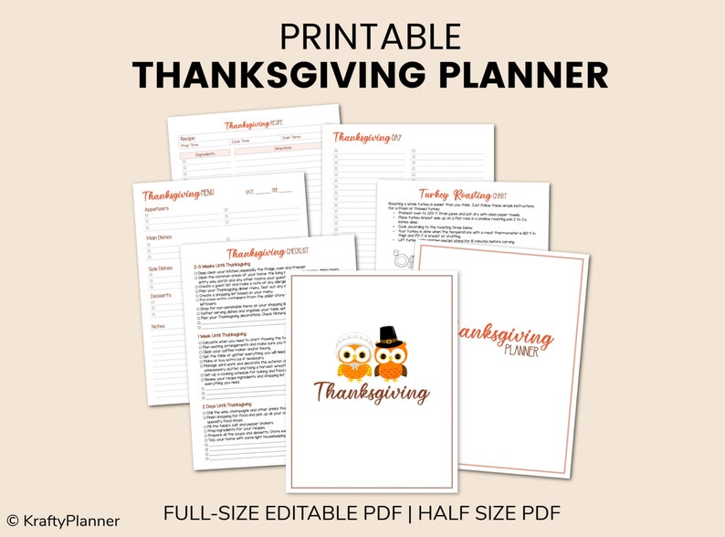 May include: Printable Thanksgiving planner with a checklist, menu, and turkey roasting chart. The planner features a cover with two owls wearing pilgrim hats and the text "Thanksgiving Planner".