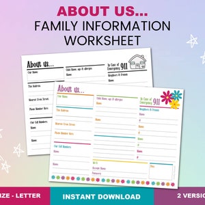 About Us... Family Reference Information Sheet Printable PDF, Babysitter Guide Worksheet for Emergency Contacts image 1