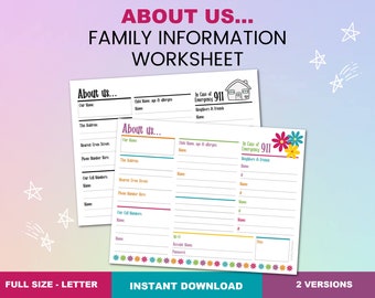 About Us... Family Reference Information Sheet Printable PDF, Babysitter Guide Worksheet for Emergency Contacts