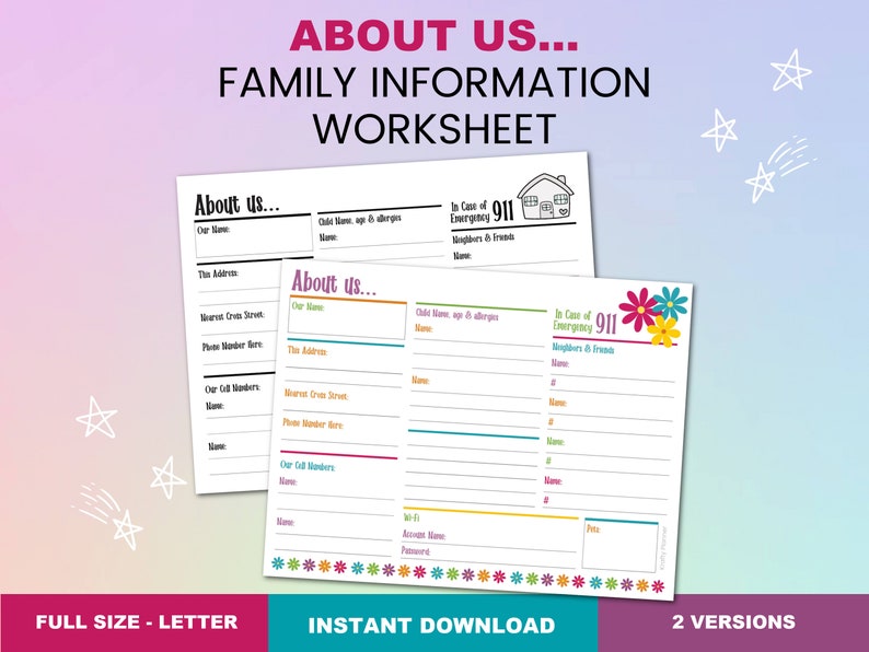 About Us... Family Reference Information Sheet Printable PDF, Babysitter Guide Worksheet for Emergency Contacts image 1