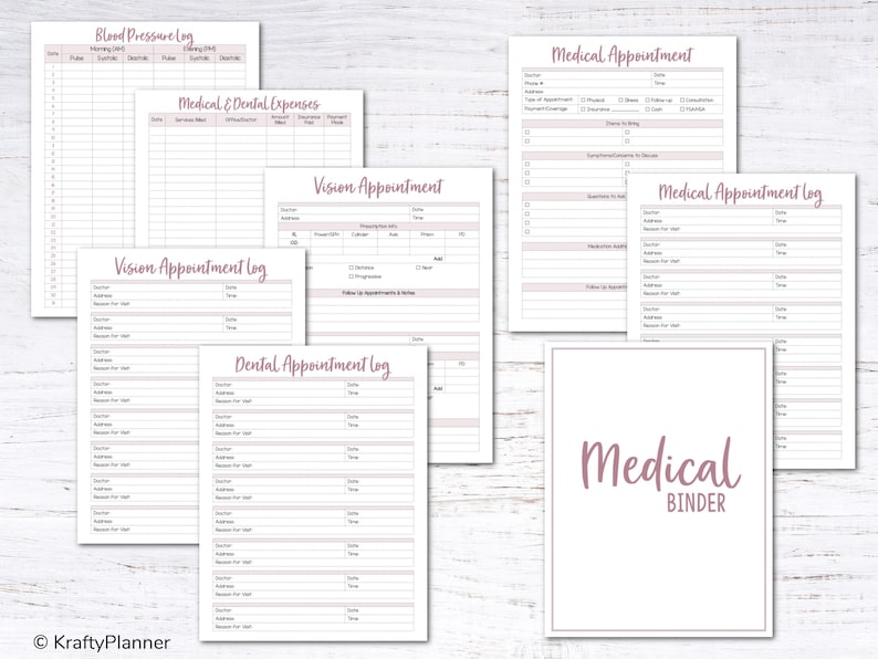May include: A set of printable medical log sheets for tracking blood pressure, medical and dental expenses, vision appointments, and dental appointments. The sheets are designed with a pink and white color scheme and feature the text "Medical Binder".