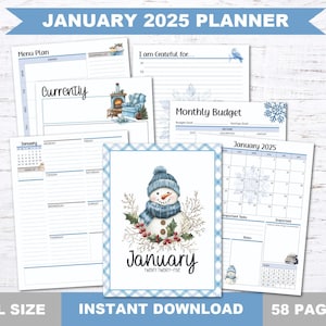 January 2025 Planner Printable PDF. Daily agenda to stay organized all month with calendars, trackers, to-do lists, meal planners, & more