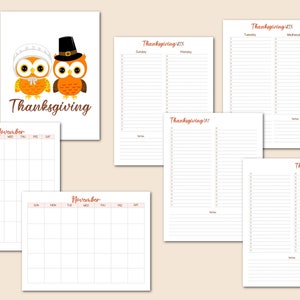 May include: Printable Thanksgiving planner with a calendar, to-do lists, and a cute illustration of two owls wearing pilgrim hats. The text "Thanksgiving" is written in orange.
