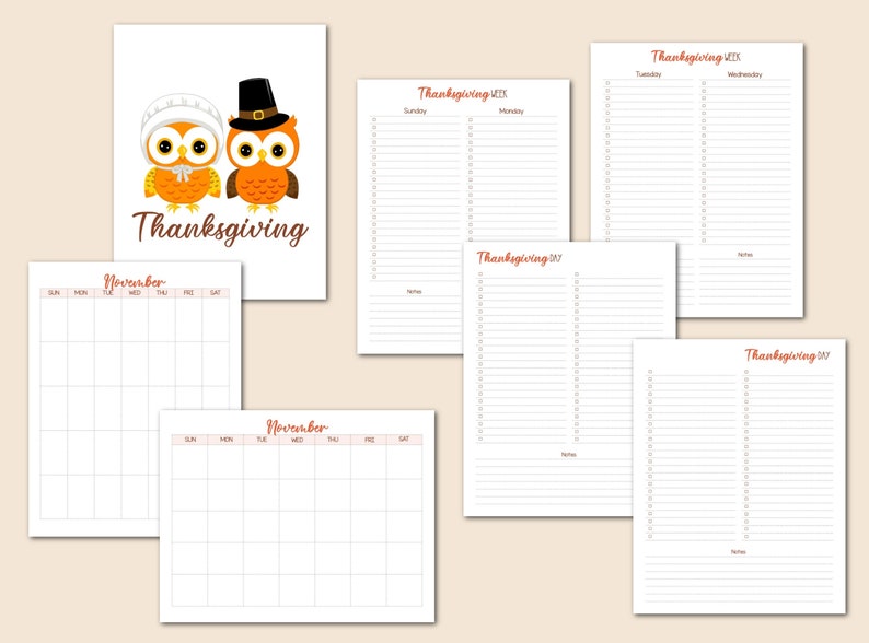 May include: Printable Thanksgiving planner with a calendar, to-do lists, and a cute illustration of two owls wearing pilgrim hats. The text "Thanksgiving" is written in orange.