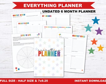 May include: A printable planner with a rainbow design and the text "everything planner" in bold, white letters. The planner includes sections for monthly reviews, weekly planners, level 10 life, monthly goals, and my dreams. The planner is available in full size, half size, and 7x9.25 inches.