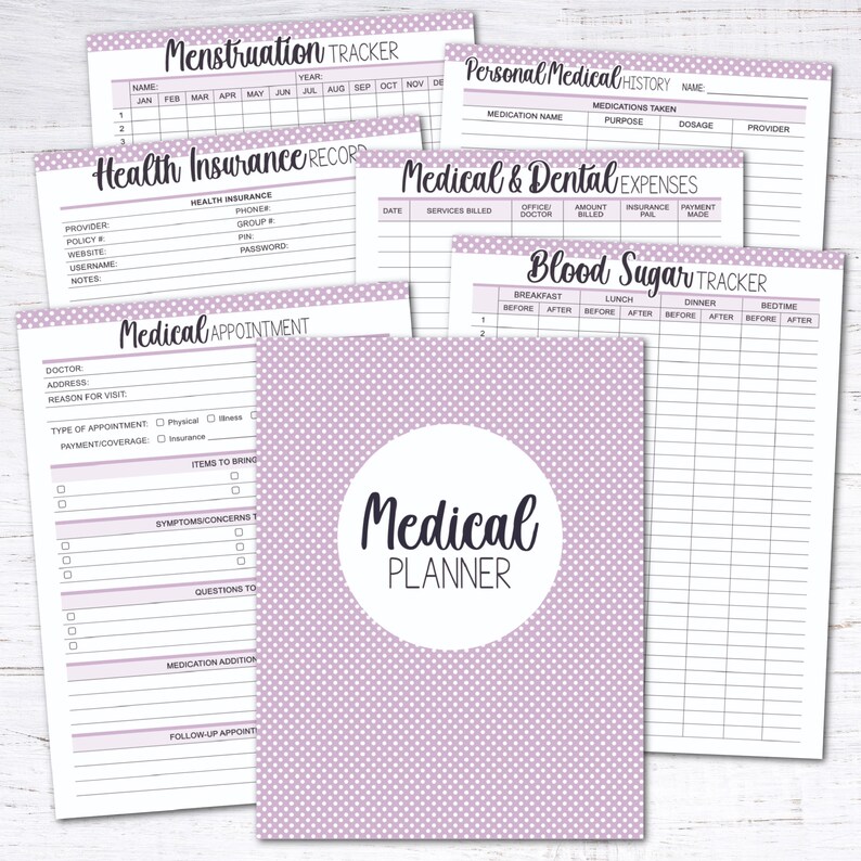 May include: A set of printable medical planner pages with a light purple polka dot background. The pages include sections for tracking menstruation, health insurance, medical appointments, personal medical history, medical and dental expenses, and blood sugar.