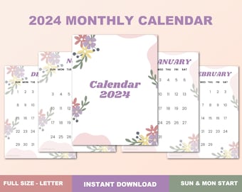 2024 Printable Floral Calendar - Pretty Monthly Calendar Sunday & Monday Start 2024 Letter Size Wall Calendar PRINTABLE PDF