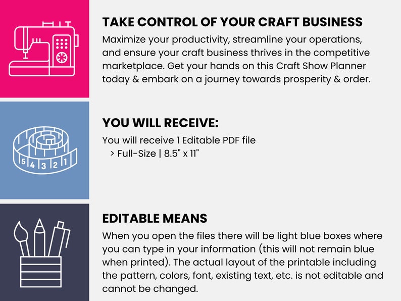 Maximize your productivity, streamline your operations, and ensure your craft business thrives in this competitive marketplace. Get your hands on this Editable Craft Show Planner today and embark on a journey toward prosperity and order.