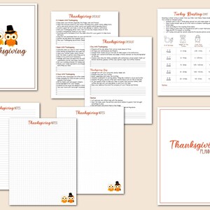 May include: Printable Thanksgiving planner with checklists, notes pages, and a turkey roasting chart. The planner features a cute owl design and the text "Thanksgiving Planner".