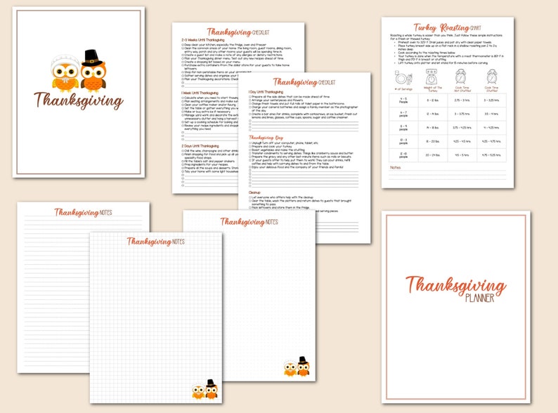 May include: Printable Thanksgiving planner with checklists, notes pages, and a turkey roasting chart. The planner features a cute owl design and the text "Thanksgiving Planner".