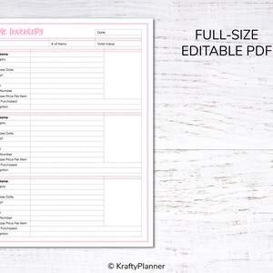 May include: Printable home inventory checklist with sections for item name, category, room, purchase date, receipt, make, model, serial number, purchase price per item, place purchased, and description. The checklist is labeled "Home Inventory" and "Full-Size Editable PDF".