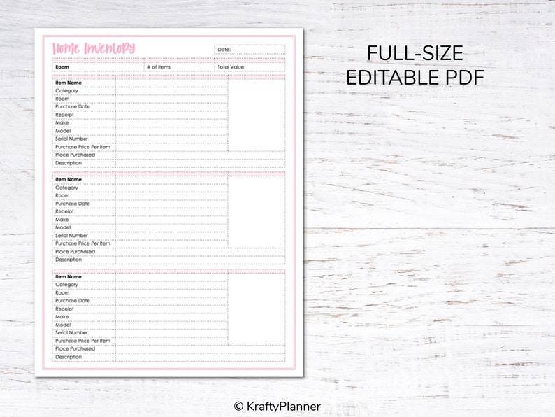 May include: Printable home inventory checklist with sections for item name, category, room, purchase date, receipt, make, model, serial number, purchase price per item, place purchased, and description. The checklist is labeled "Home Inventory" and "Full-Size Editable PDF".