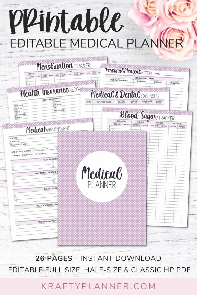 May include: A printable medical planner with a purple polka dot background. The planner includes sections for tracking menstruation, health insurance, medical appointments, personal medical history, medical and dental expenses, and blood sugar.