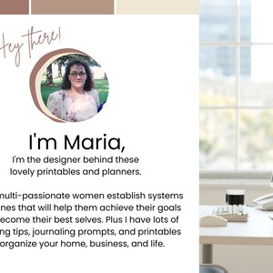 May include: A woman with glasses smiles at the camera. She is wearing a floral print shirt. The text "Hey there! I'm Maria, I'm the designer behind these lovely printables and planners." is displayed above her. The text "I help multi-passionate women establish systems & routines that will help them achieve their goals and become their best selves. Plus I have lots of planning tips, journaling prompts, and printables to organize your home, business, and life." is displayed below her.