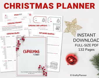May include: A printable Christmas planner with a red and white cover featuring holly and snowflakes. The planner includes 132 pages of worksheets for budgeting, gift lists, holiday recipes, and more. The text "Christmas Planner" is in red and white on the cover.