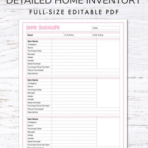 May include: Printable home inventory checklist with pink accents. The checklist includes sections for room, item name, category, purchase date, receipt, make, model, serial number, purchase price per item, place purchased, and description.