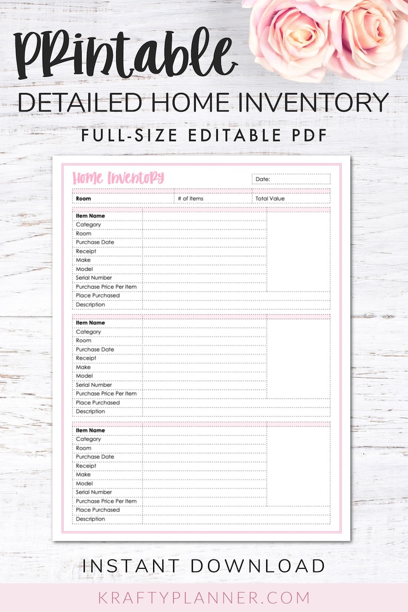 May include: Printable home inventory checklist with pink accents. The checklist includes sections for room, item name, category, purchase date, receipt, make, model, serial number, purchase price per item, place purchased, and description.