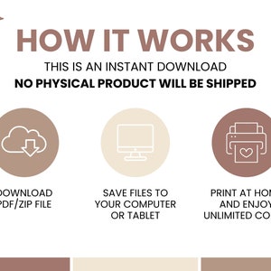 May include: A graphic showing how to download, save, and print digital files. The graphic features three icons: a cloud with a download arrow, a computer monitor, and a printer with a heart on a piece of paper. The text reads "How it works", "This is an instant download", and "No physical product will be shipped".