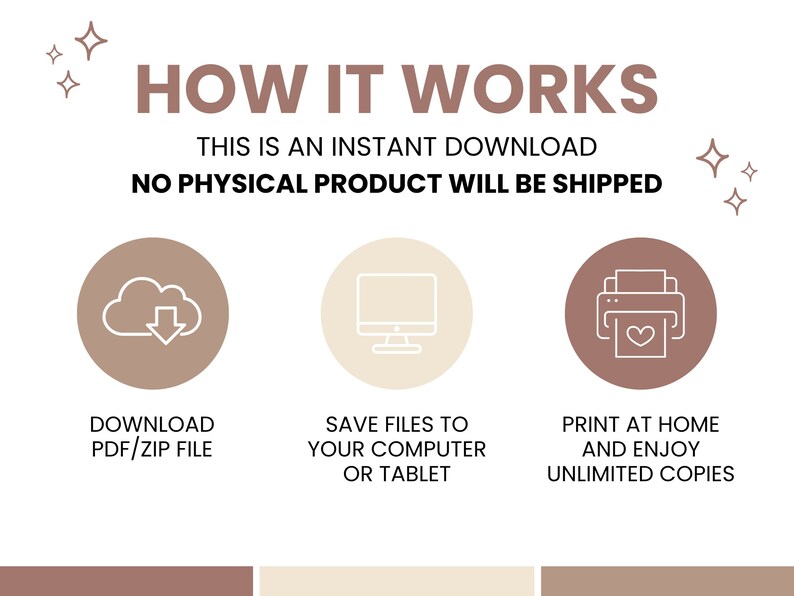 May include: A graphic showing how to download, save, and print digital files. The graphic features three icons: a cloud with a download arrow, a computer monitor, and a printer with a heart on a piece of paper. The text reads "How it works", "This is an instant download", and "No physical product will be shipped".