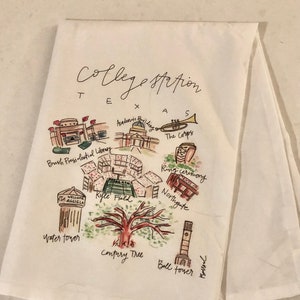 May include: A hand-drawn illustration of the Texas A&M campus in College Station, Texas. The illustration includes landmarks such as the Academic Building, the Corps, Kyle Field, the water tower, the century tree, and the bell tower. The illustration is in a watercolor style with a white background.