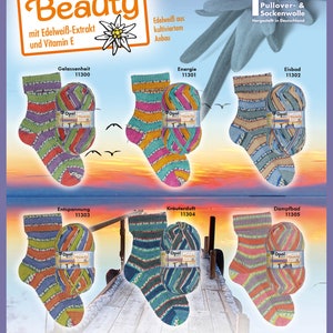 May include: A promotional image for Opal 4-ply pullover and sock yarn. The image features six pairs of colorful socks and matching yarn balls. The socks have various striped patterns in shades of green, purple, orange, and blue. Text includes "Wellness" and "Beauty".