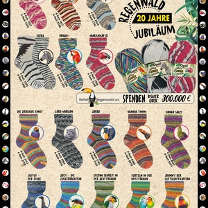 May include: A colorful chart featuring 12 pairs of socks with animal and nature-themed designs. Each sock is labeled with a name and the yarn count. The chart is titled "Regenwald 20 Jahre Jubiläum" and includes the text "Opal Pullover & Sockenwolle Hergestellt in Deutschland" and "Spenden bisher über 300.000 €".