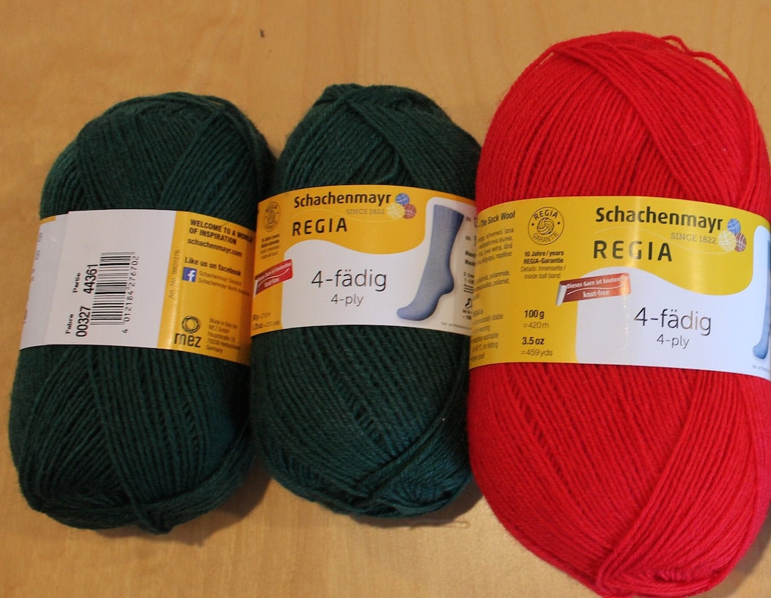 Regia Solid Christmas Sock Yarn Uni 2054 02054 Hot Red and 0327 327 Dark Green 75 Wool 25 Nylon