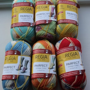 T11,F9: Vintage Moods Regia Sock Yarn Pairfect full set 6 skeins 75% wl 25 ny 100 grs 462 yds superwash fingering