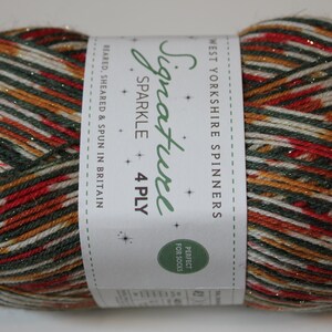 May include: A ball of Signature Sparkle 4 Ply yarn from West Yorkshire Spinners. The yarn is a mix of red, green, gold, and white with a sparkly finish. The label reads "Perfect for Socks."