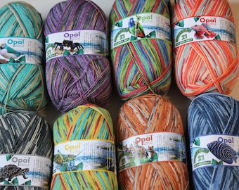 May include: Eight skeins of Opal yarn arranged in two rows. Each skein features a unique multi-colored variegated pattern and a paper label with the Opal logo, the number 21, and various animal illustrations including birds, fish, and a turtle.