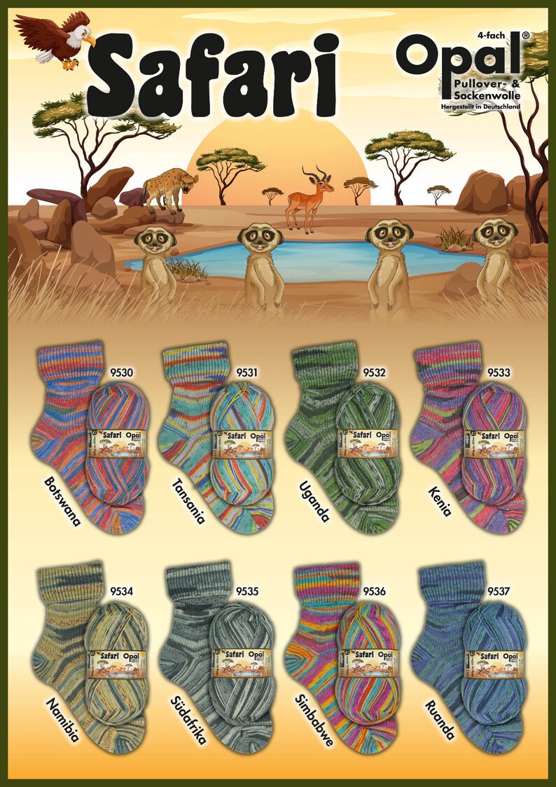 Opal Sock Yarn 9532 Safari Uganda 75/% wool 25 nylon 100 grams 462 yards superwash fingering Ba11