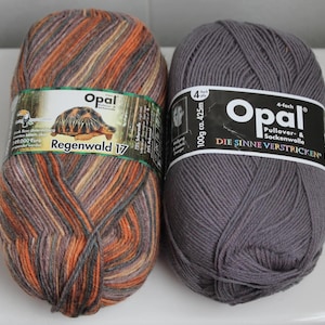 May include: Two skeins of Opal brand yarn. One is a mix of orange, brown, and gray, labeled "Regenwald 17." The other is solid gray. Both have labels with text including "Pullover & Sockenwolle" and "DIE SINNE VERSTRICKEN."