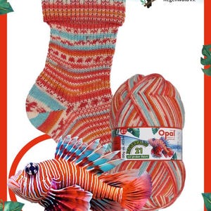 May include: A colorful image featuring a knitted sock and a ball of yarn with a matching pattern. The sock and yarn display a mix of red, orange, and blue hues. A stylized lionfish is also present, along with text in German.